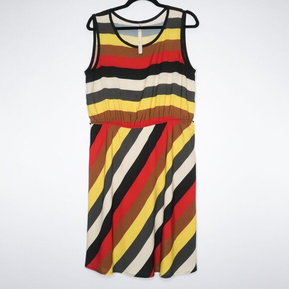 Uncle Frank Anthropologie Womens Dress Size Large Yellow Red Brown Striped Retro - Picture 1 of 8